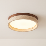 Pietra Walnut Travertine Ceiling Light in walnut colour and beige, installed, from a different vantage.
