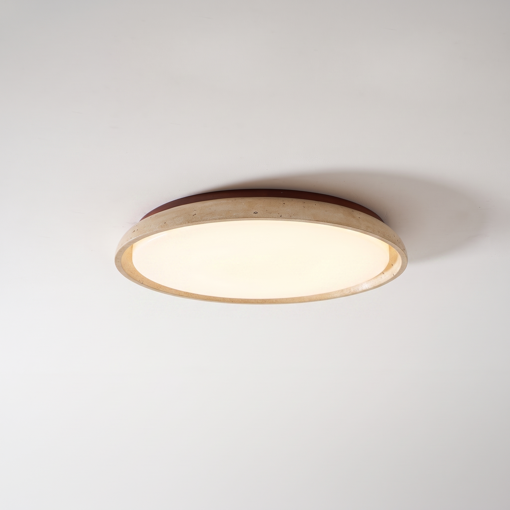Pietra Walnut Travertine Ceiling Light in walnut colour and beige, complete, on a plain studio background.