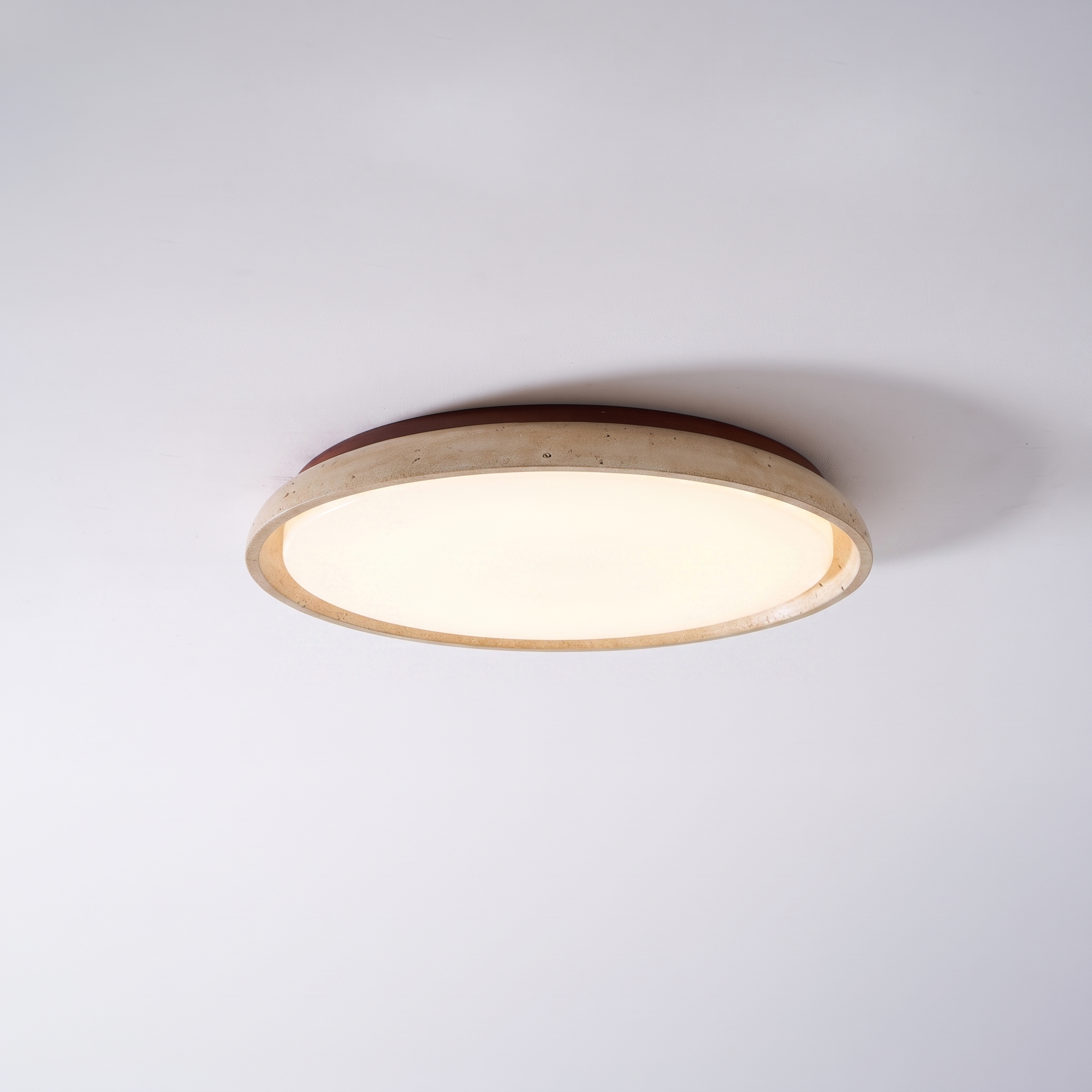 Pietra Walnut Travertine Ceiling Light in walnut colour and beige, at a three-quarter studio angle.