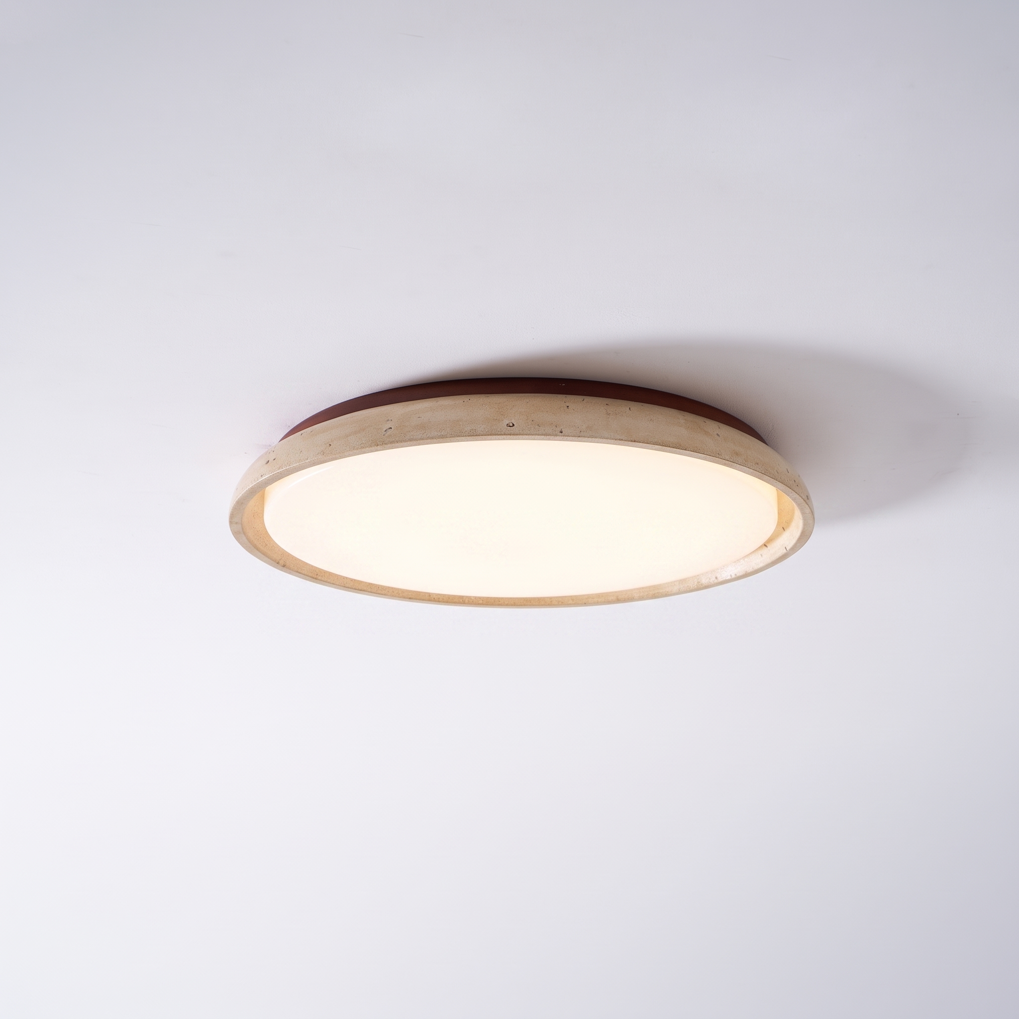 Pietra Walnut Travertine Ceiling Light in walnut colour and beige, showing construction and wall or ceiling mounting.