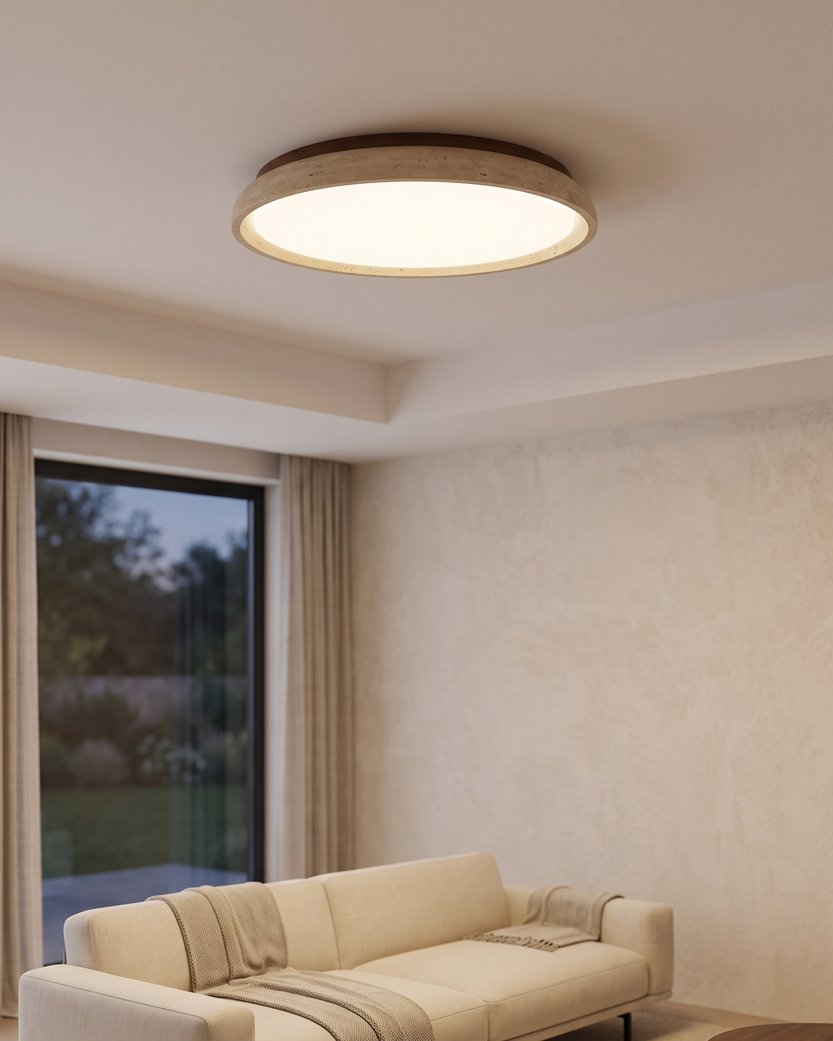 Pietra Walnut Travertine Ceiling Light in a styled room