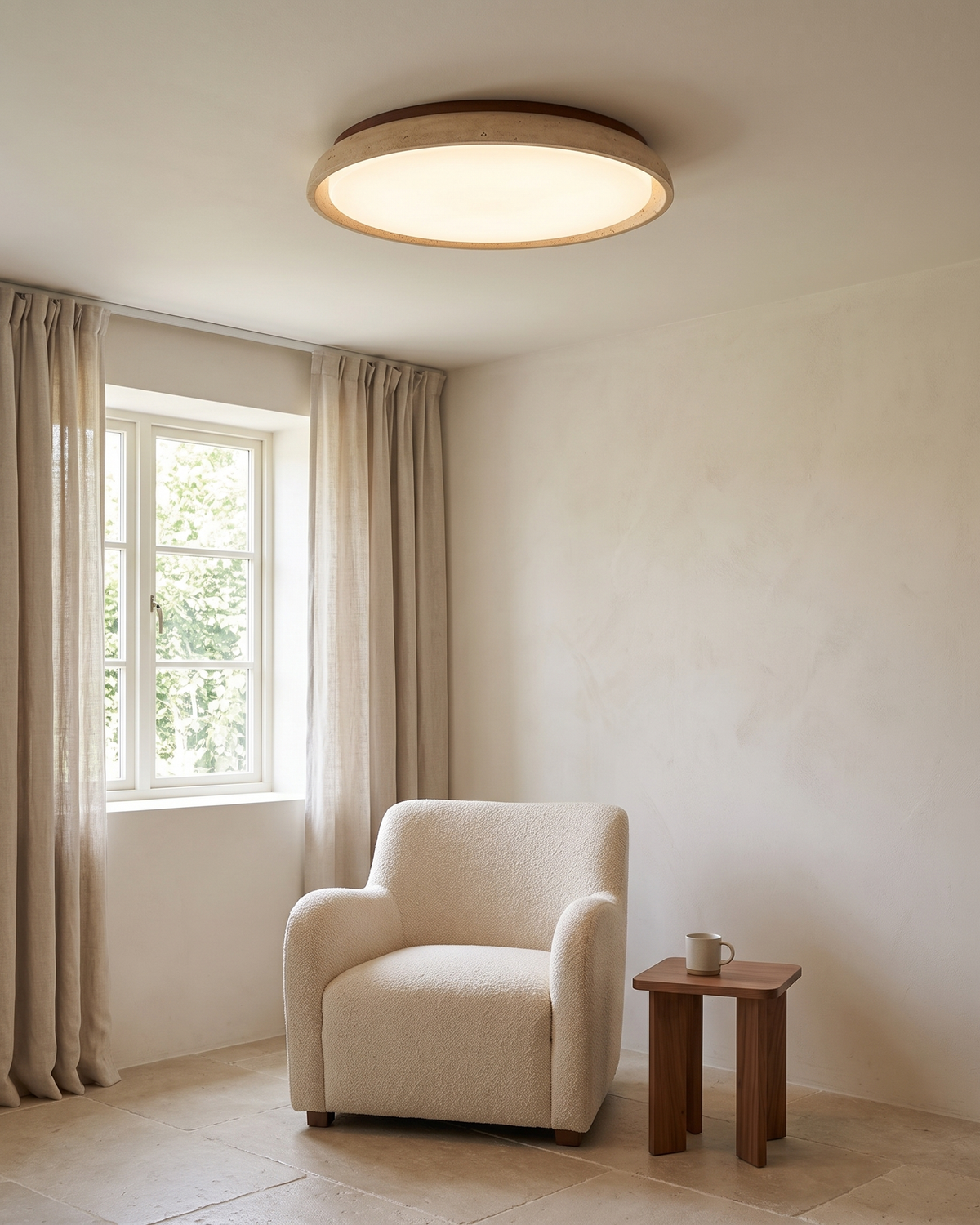 Pietra Walnut Travertine Ceiling Light in a styled room