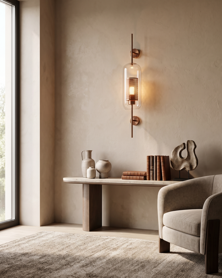 Comvilo Chiswick Glass Wall Light in Copper plating and Clear, portrait product view