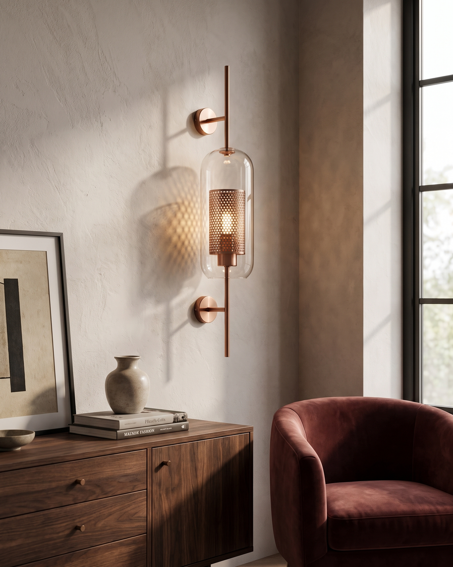Comvilo Chiswick Glass Wall Light in Copper plating and Clear, portrait product view