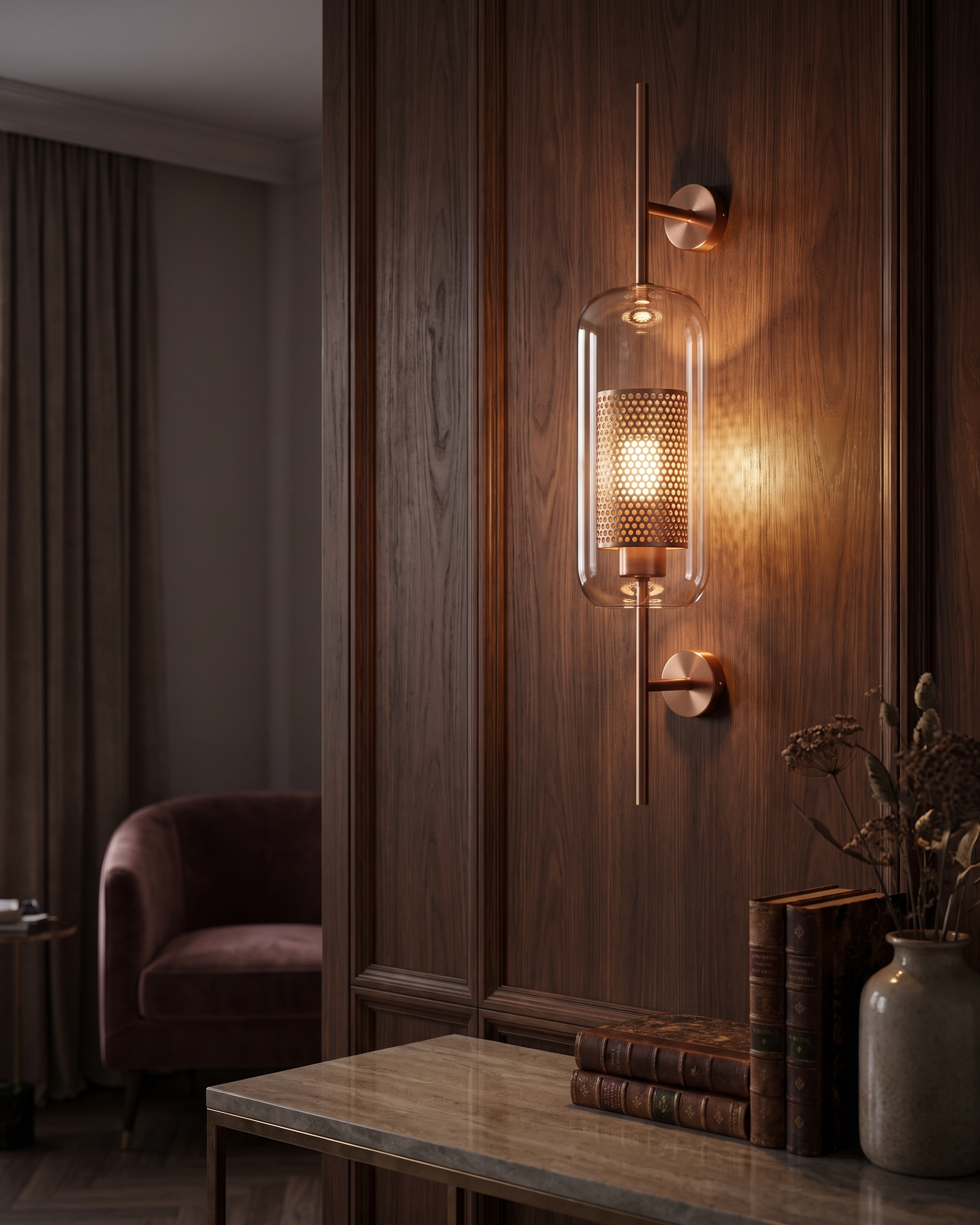 Comvilo Chiswick Glass Wall Light in Copper plating and Clear, portrait product view