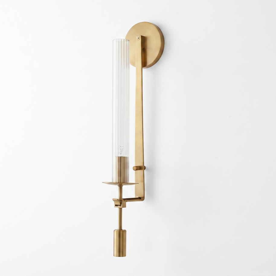 Valenne Ribbed Glass Wall Sconce in brass and clear ribbed glass, studio view