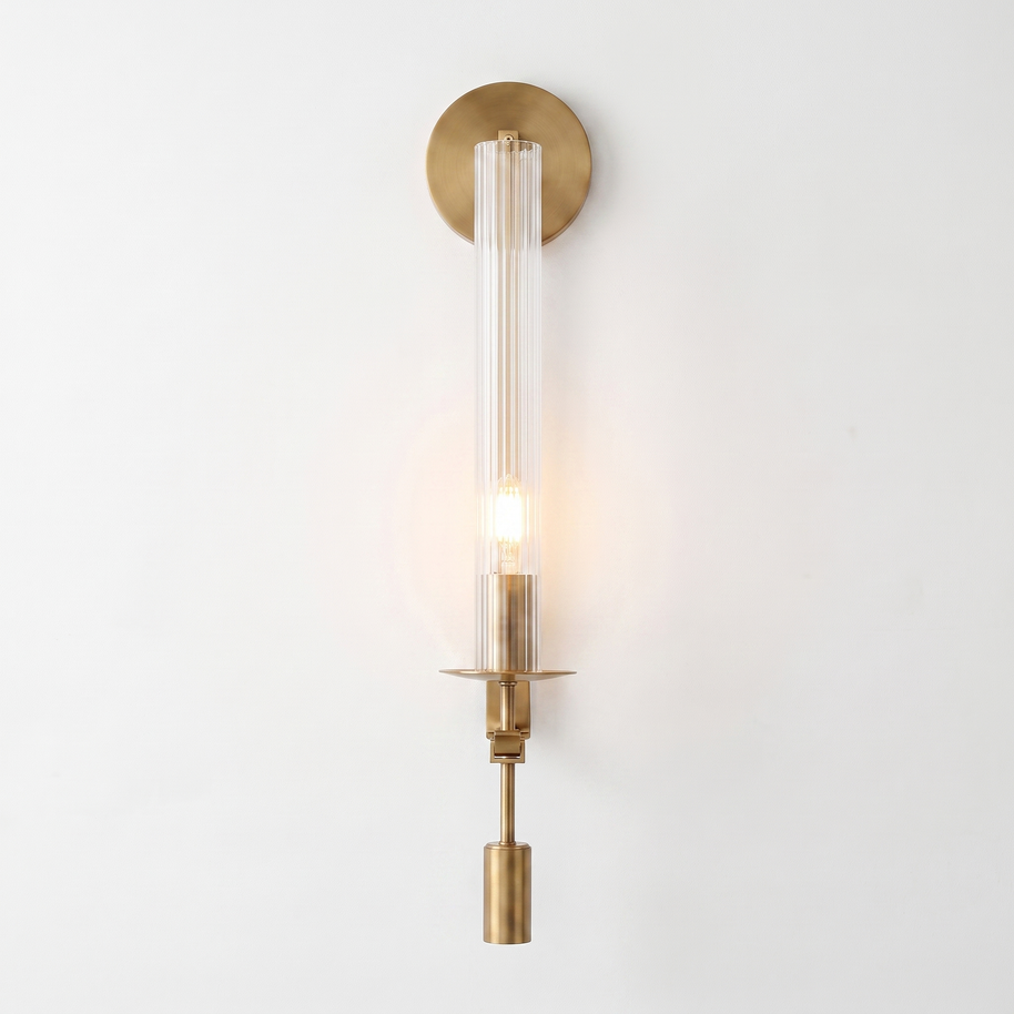 Valenne Ribbed Glass Wall Sconce, frontal studio elevation with the Edison filament lit