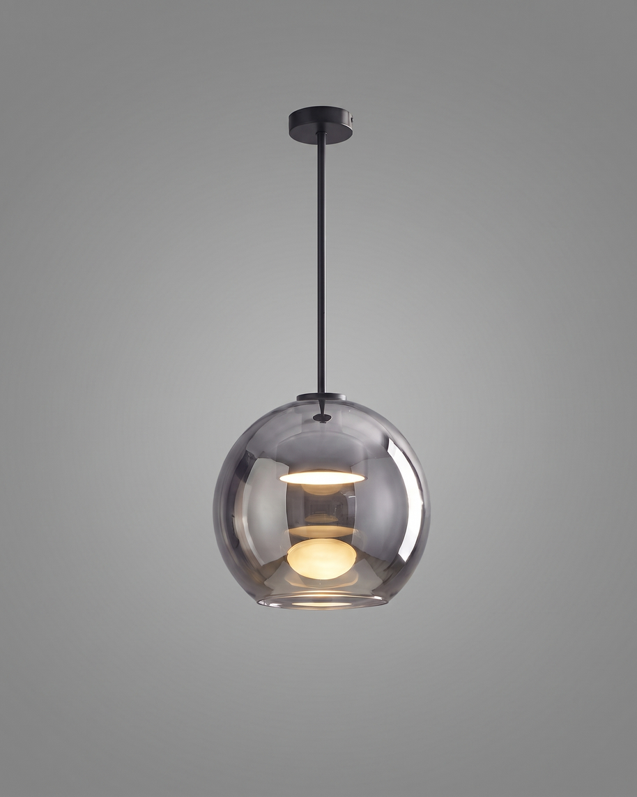 Comvilo Metro Sphere Glass Pendant Lamp in black metal and smoke-grey glass, installed in a plain interior.