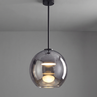 Comvilo Metro Sphere Glass Pendant Lamp in black metal and smoke-grey glass, installed, from a different vantage.