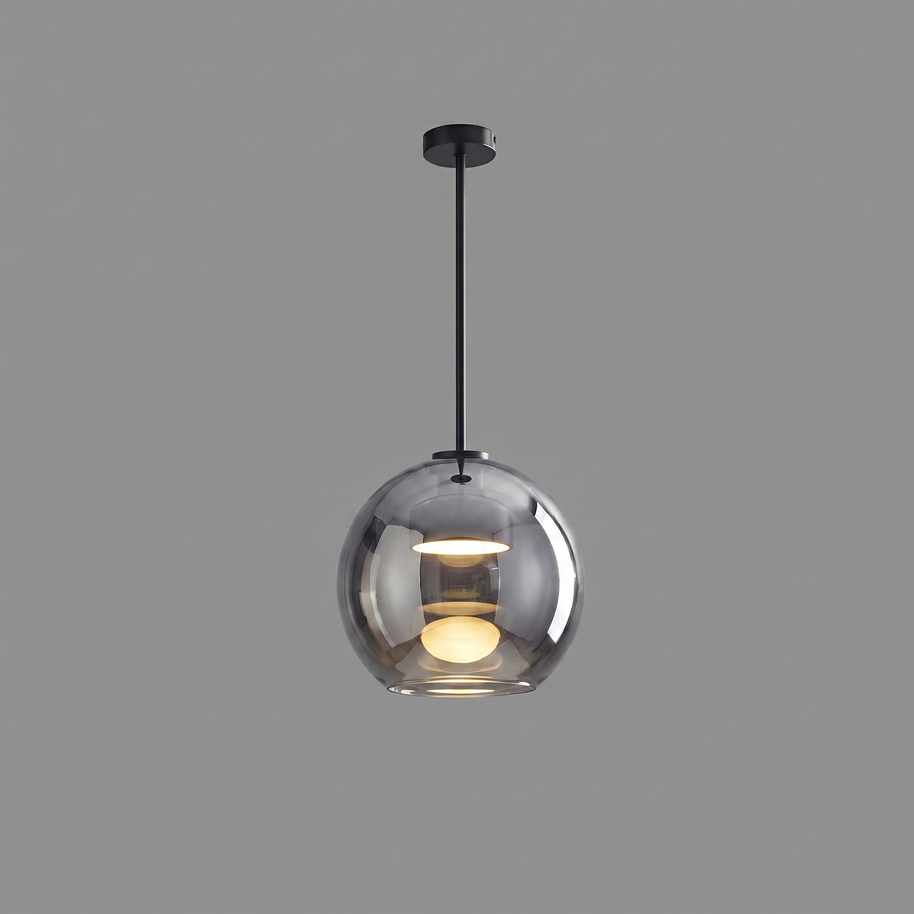 Comvilo Metro Sphere Glass Pendant Lamp in black metal and smoke-grey glass, at a three-quarter studio angle.