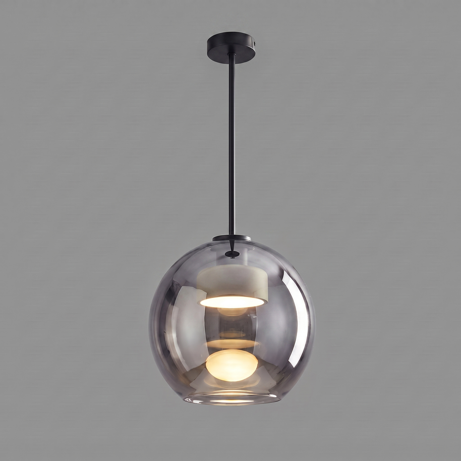 Comvilo Metro Sphere Glass Pendant Lamp in black metal and smoke-grey glass, showing construction.