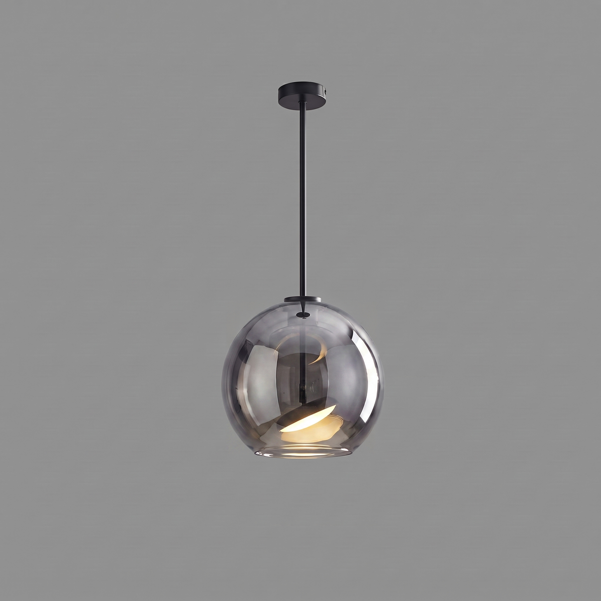 Comvilo Metro Sphere Glass Pendant Lamp in black metal and smoke-grey glass, in profile from an alternate angle