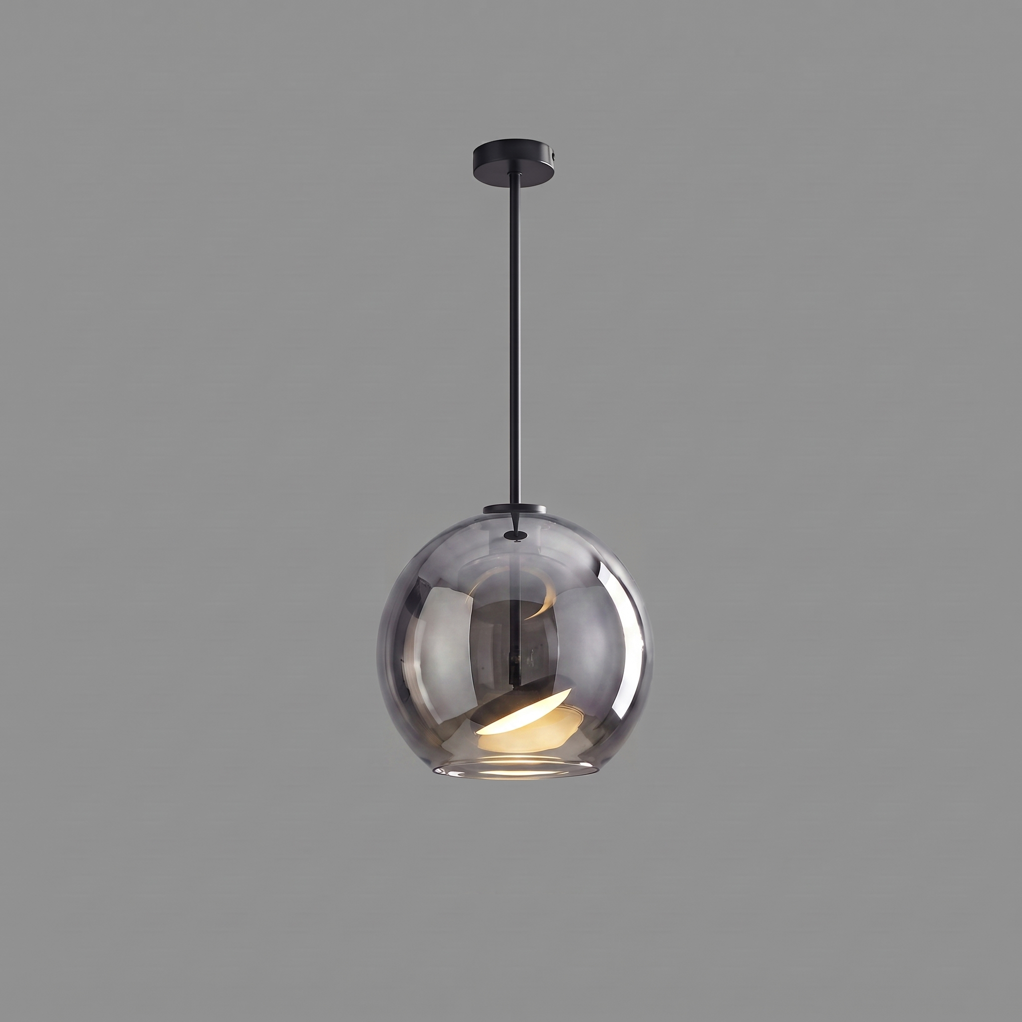 Comvilo Metro Sphere Glass Pendant Lamp in black metal and smoke-grey glass, in profile from an alternate angle.