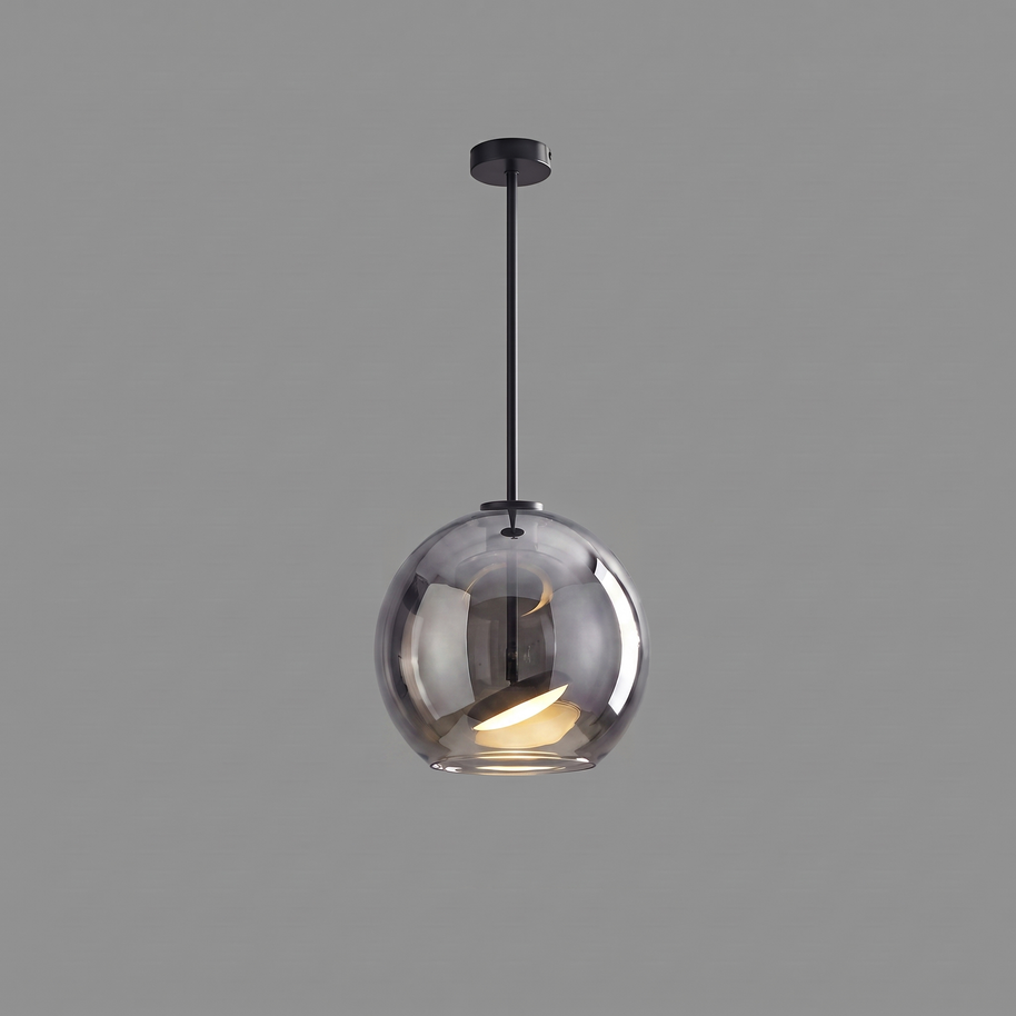 Comvilo Metro Sphere Glass Pendant Lamp in black metal and smoke-grey glass, in profile from an alternate angle.