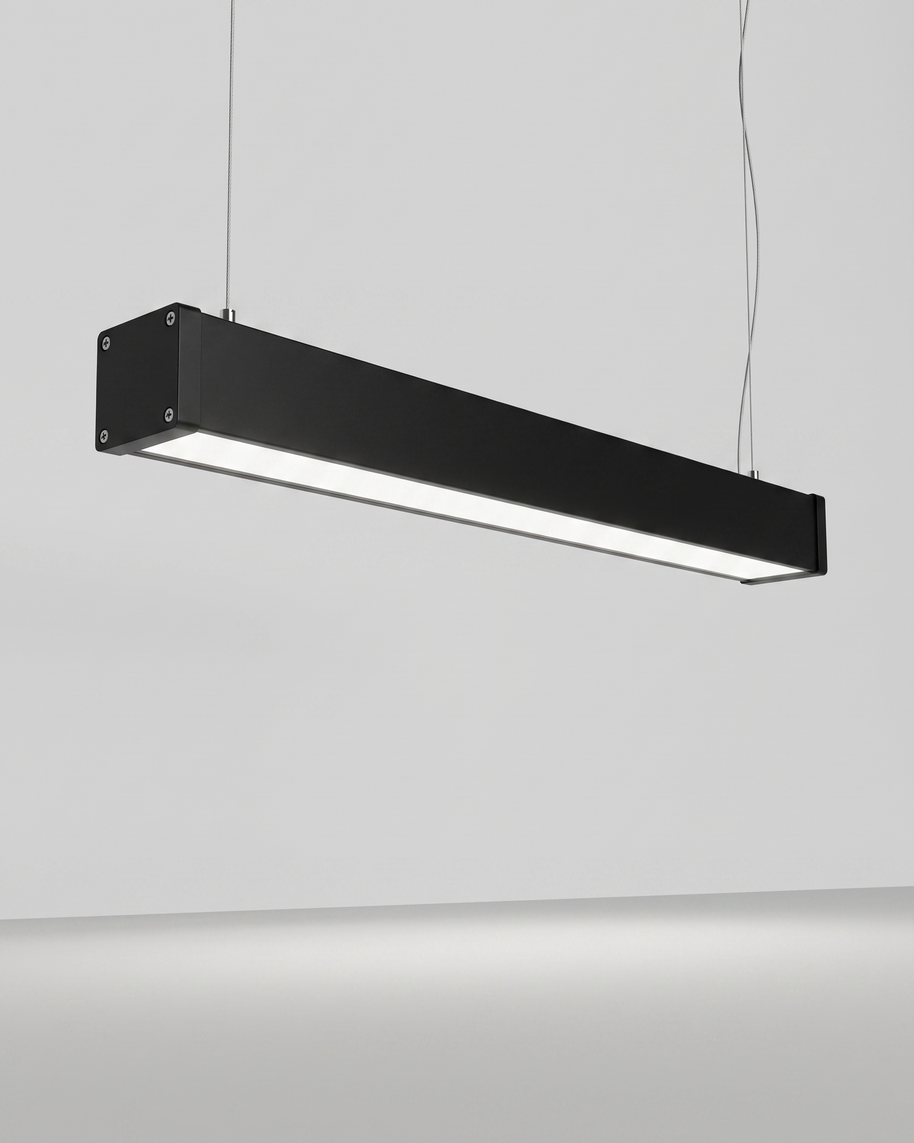 Comvilo Minimalist Black LED Recessed Office Hanging Linear Light Set in black, installed in a plain interior.