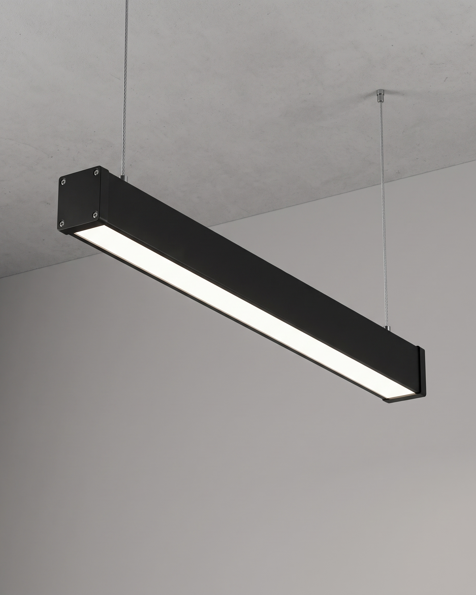 Comvilo Minimalist Black LED Recessed Office Hanging Linear Light Set in black, installed, from a different vantage.