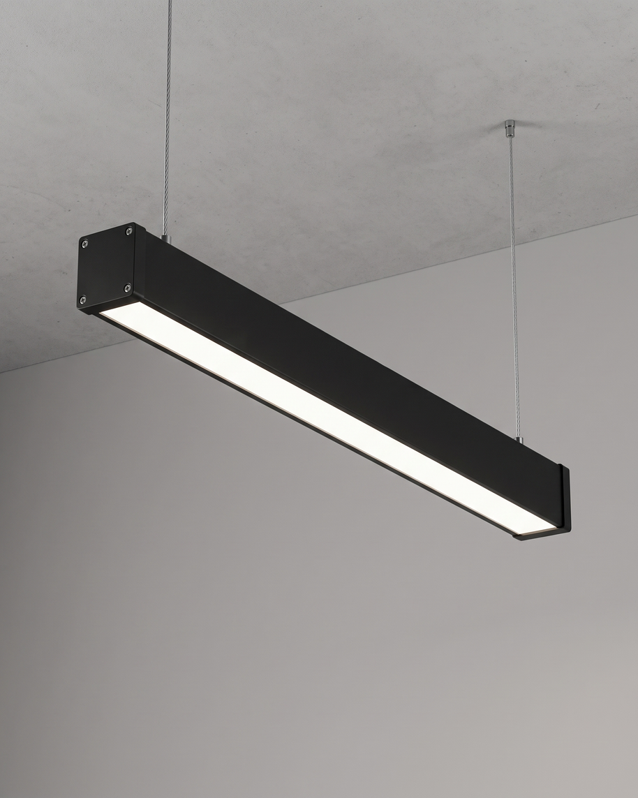 Comvilo Minimalist Black LED Recessed Office Hanging Linear Light Set in black, installed, from a different vantage.