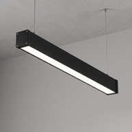 Comvilo Minimalist Black LED Recessed Office Hanging Linear Light Set in black, installed, from a different vantage.