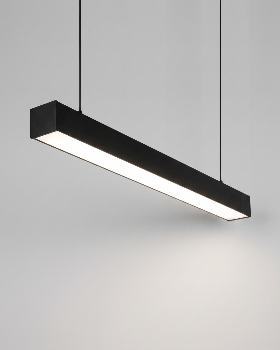 Comvilo Minimalist Black LED Recessed Office Hanging Linear Light Set in black, shown lit with neutral white light.