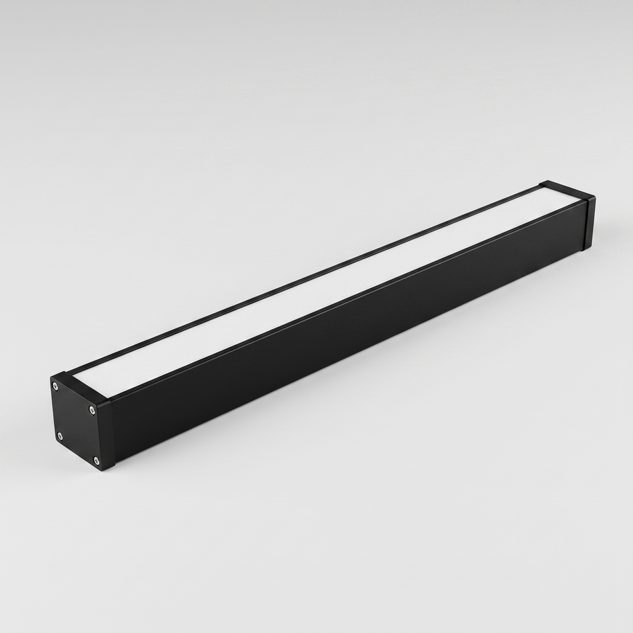Comvilo Minimalist Black LED Recessed Office Hanging Linear Light Set in black, at a three-quarter studio angle.