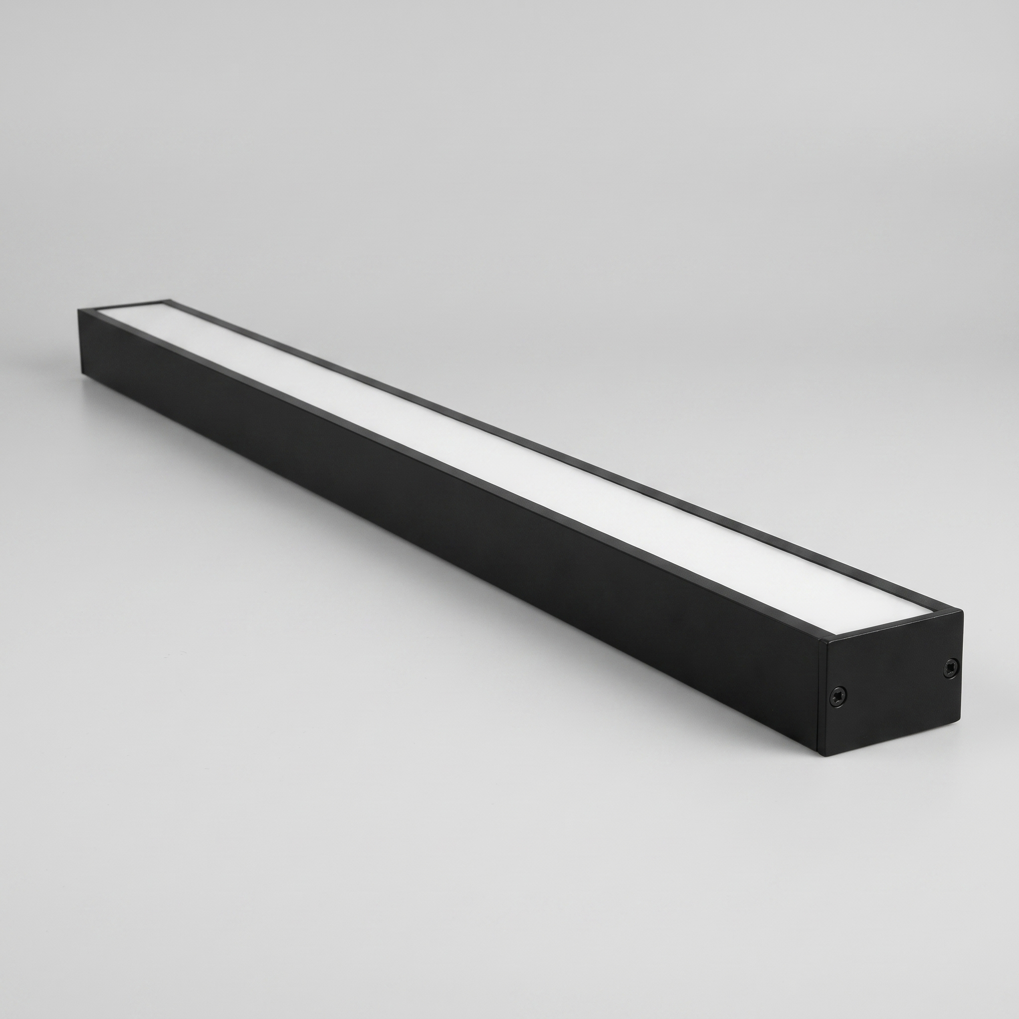 Comvilo Minimalist Black LED Recessed Office Hanging Linear Light Set in black, in profile from an alternate angle.