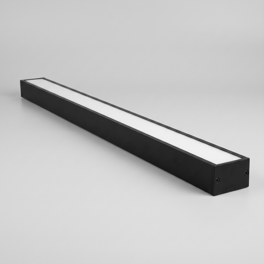 Comvilo Minimalist Black LED Recessed Office Hanging Linear Light Set in black, in profile from an alternate angle.