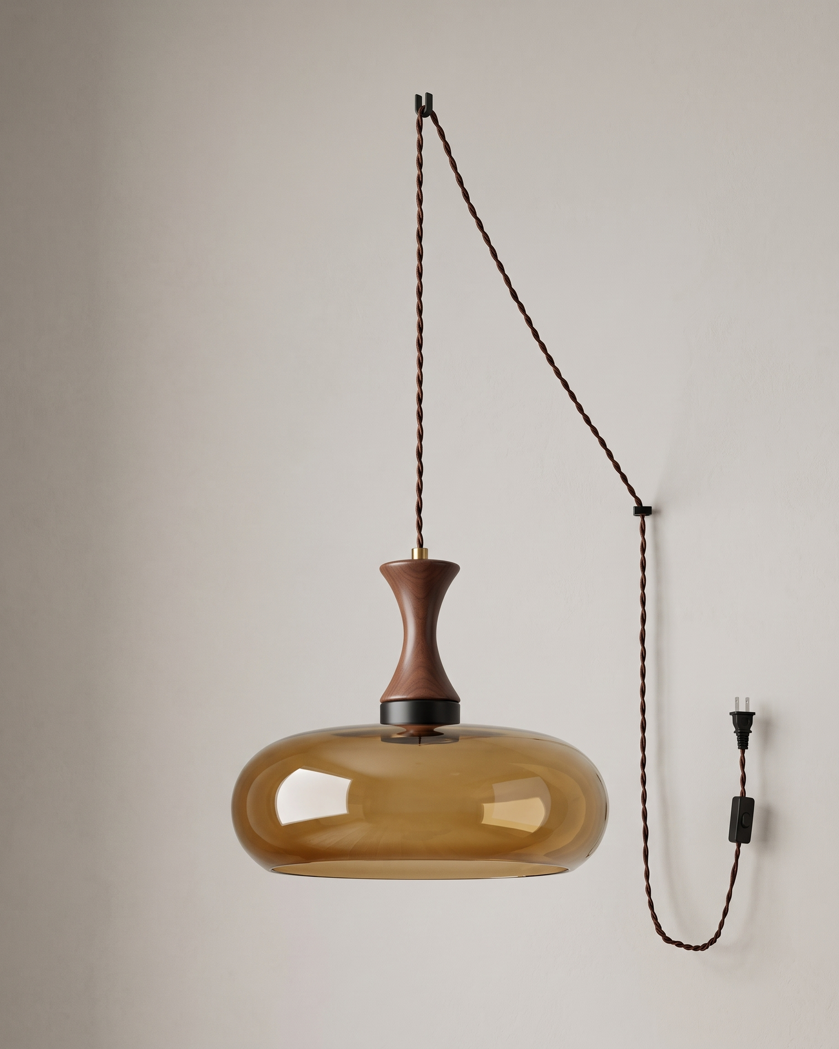 Orlena Antique Brown Glass Plug-In Pendant in antique brown glass, installed, from a different vantage.