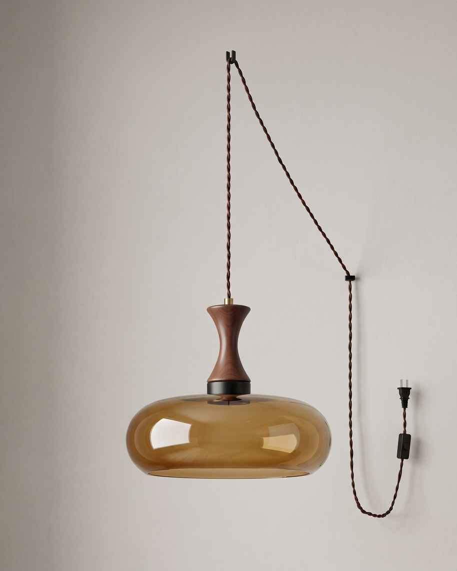 Orlena Antique Brown Glass Plug-In Pendant in antique brown glass, installed, from a different vantage.