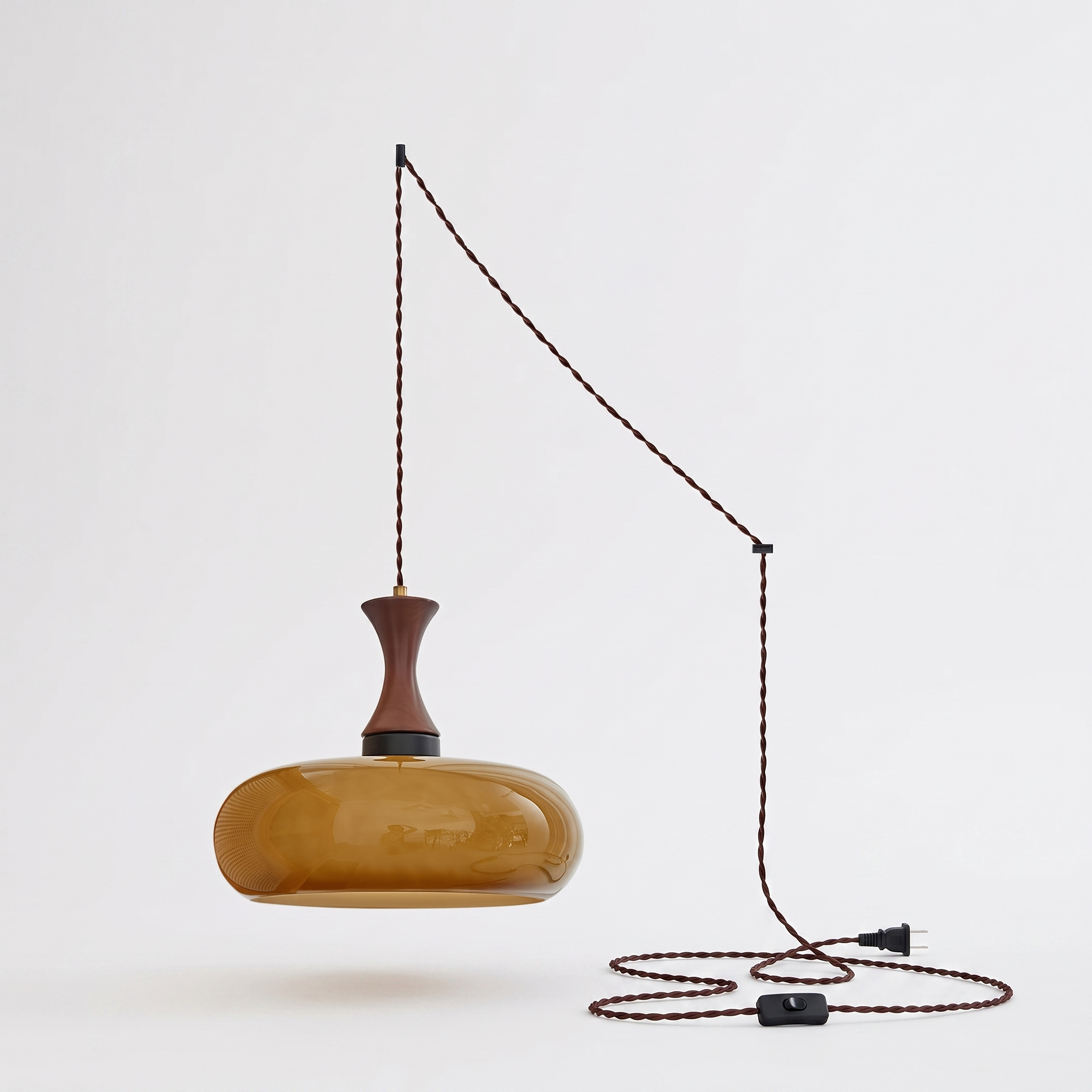 Orlena Antique Brown Glass Plug-In Pendant in antique brown glass, showing construction and plug-in cord.