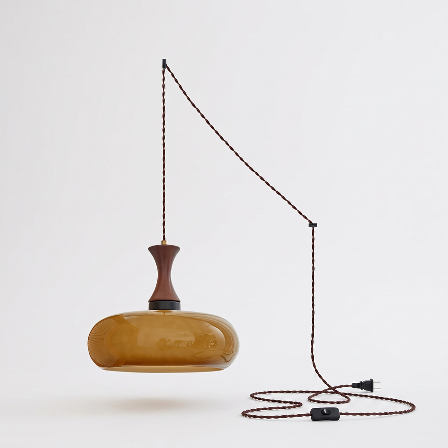 Orlena Antique Brown Glass Plug-In Pendant in antique brown glass, showing construction and plug-in cord.