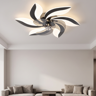 Black and white flower-shaped ceiling fan light in a modern living room.