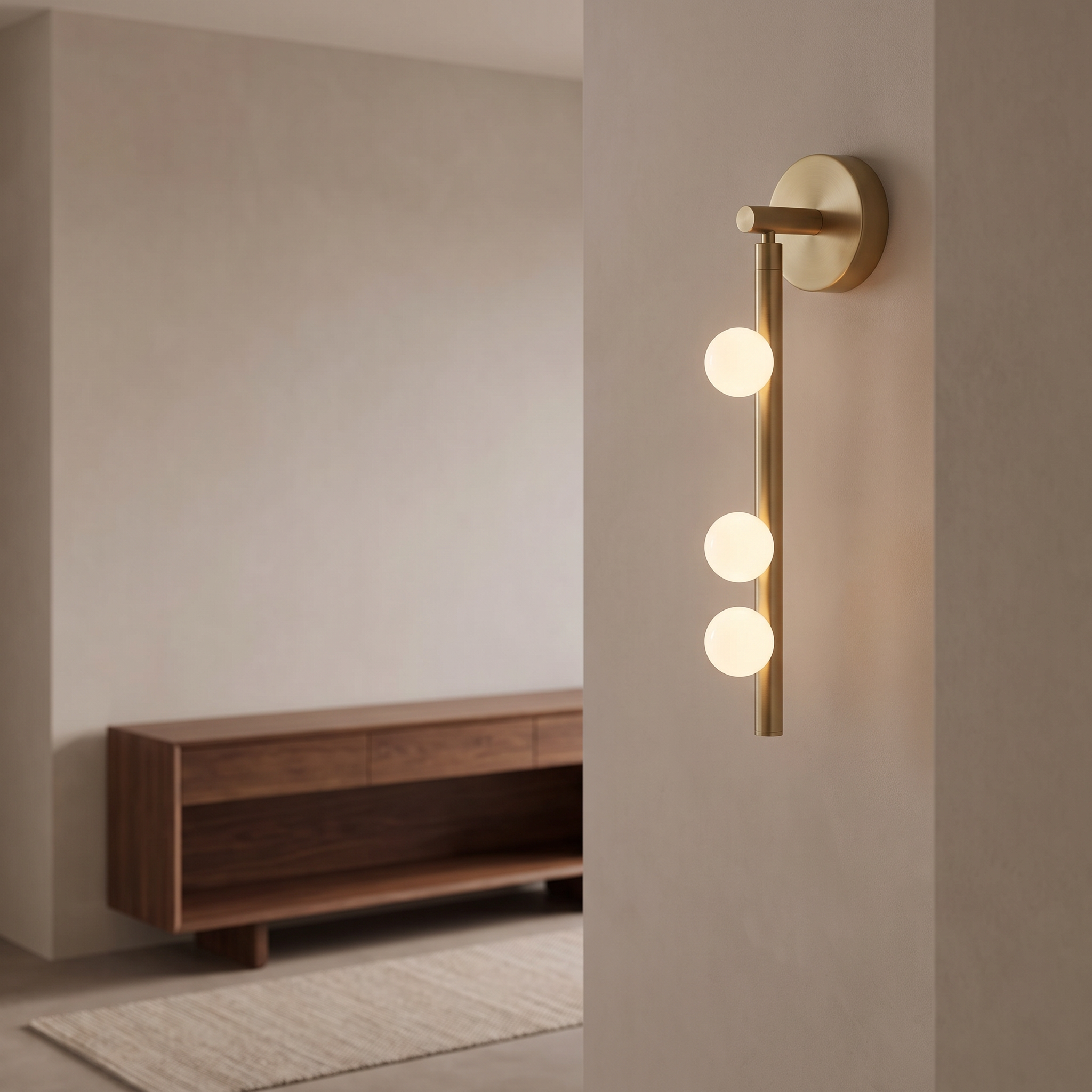 Brass three-globe wall light with white glass shades.
