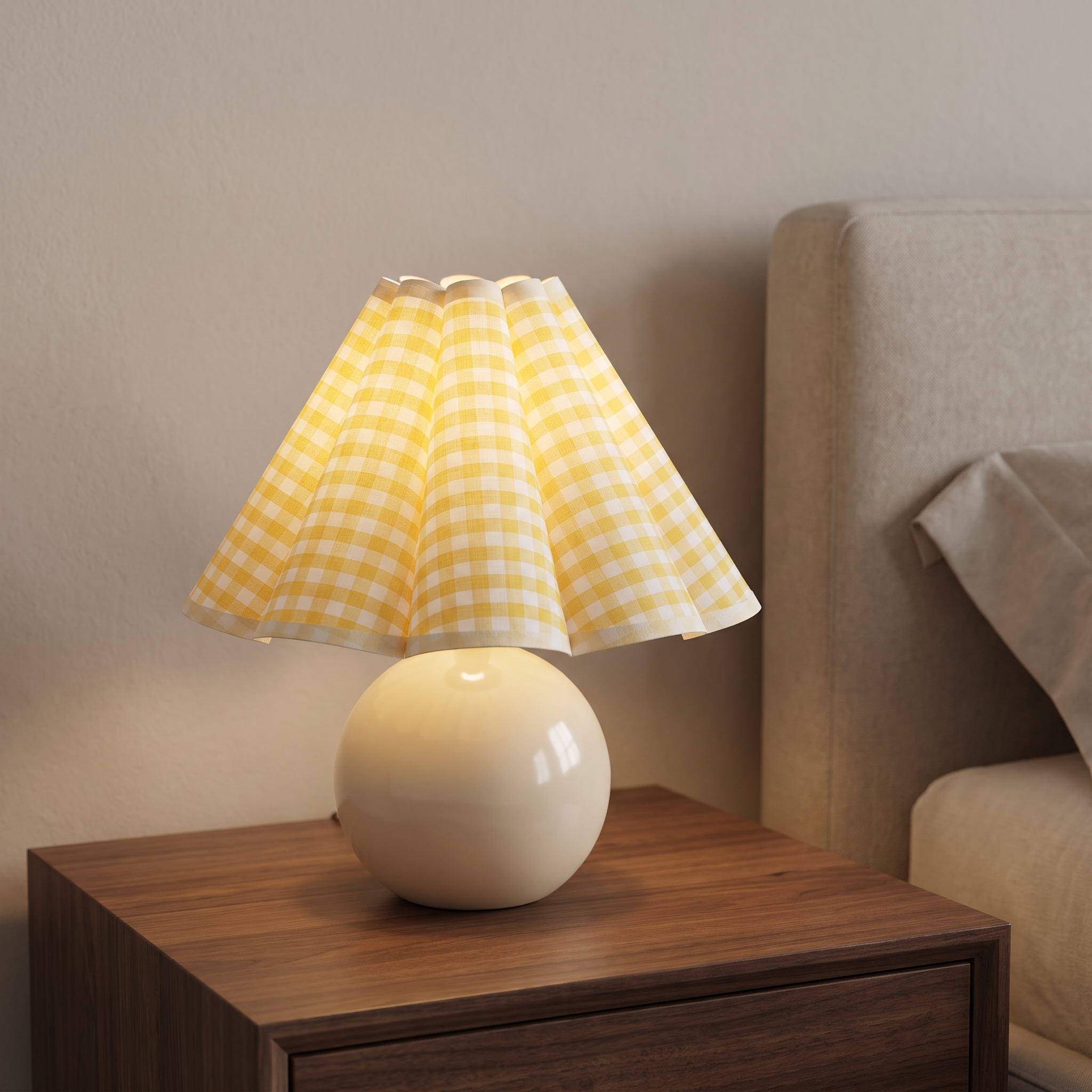 Table lamp with a round white base and yellow plaid pleated shade.
