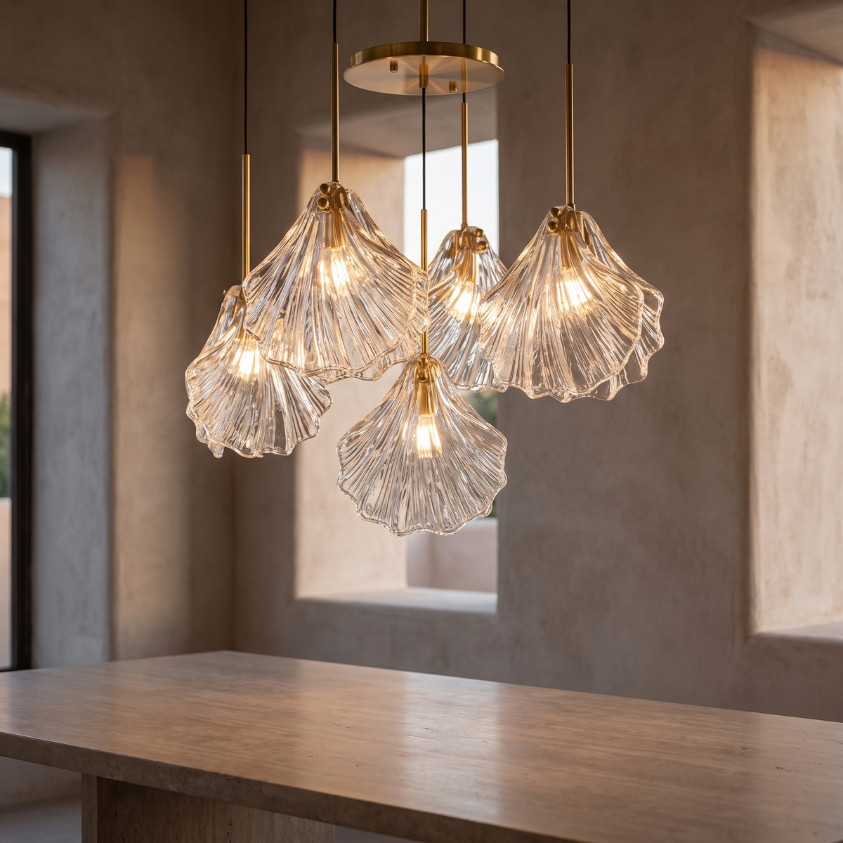 Solenza pendant with five ribbed glass shades on brass fittings, suspended from one round brass canopy.