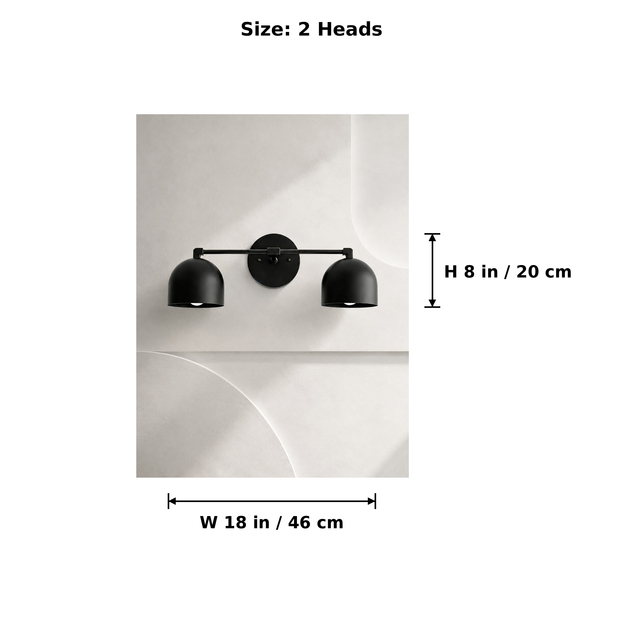 Size diagram for the 2 Heads Deep Dome Vanity Wall Light: width 18 in / 46 cm, height 8 in / 20 cm