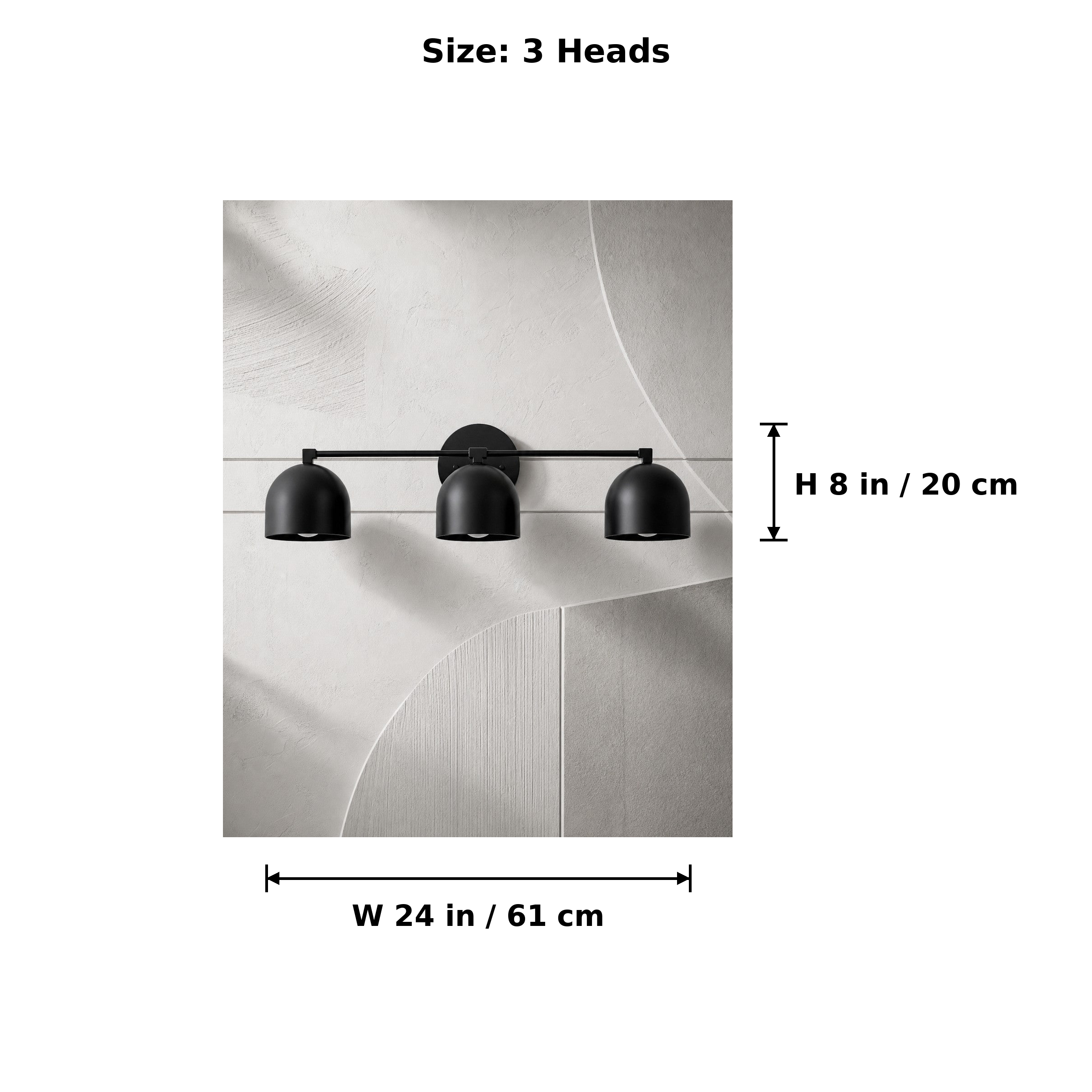 Size diagram for the 3 Heads Deep Dome Vanity Wall Light: width 24 in / 61 cm, height 8 in / 20 cm