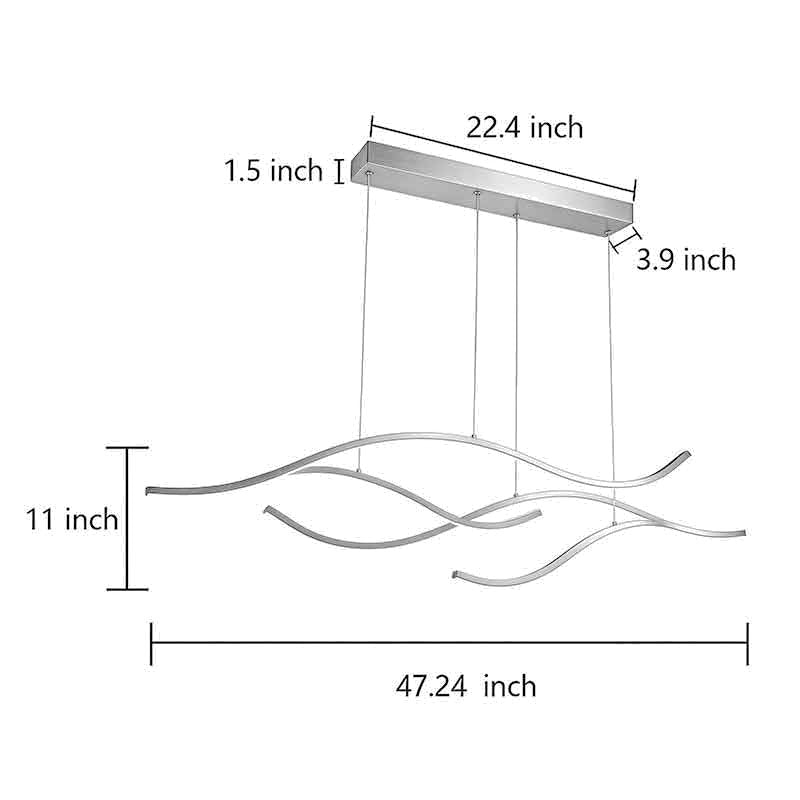 Sizing diagram of the larger pendant, 47.24 inches wide, 11 inches deep and 22.4 inches across the canopy.
