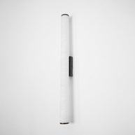 Wall lamp with a long pale veined alabaster tube and a black bracket, unlit, shown wider on a white background.