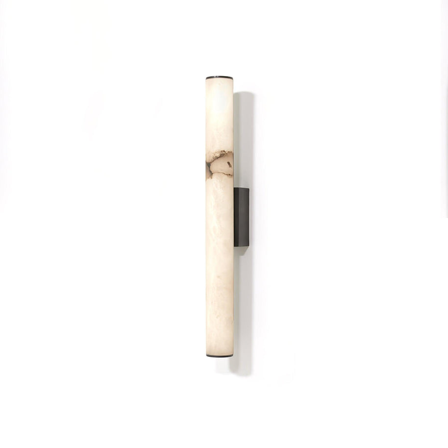 Wall lamp with a long pale veined alabaster tube and a black bracket, unlit, on a white background.