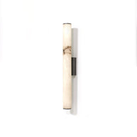 Wall lamp with a long pale veined alabaster tube and a black bracket, unlit, on a white background.