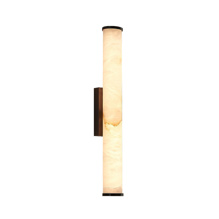 Wall lamp with a long pale veined alabaster tube and a black bracket lit, shown whole on a white background.