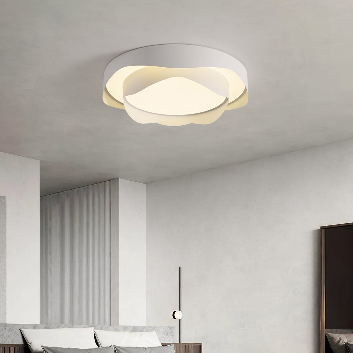 Cevaryn Ceiling Light, lit in a grey bedroom with ribbed wall