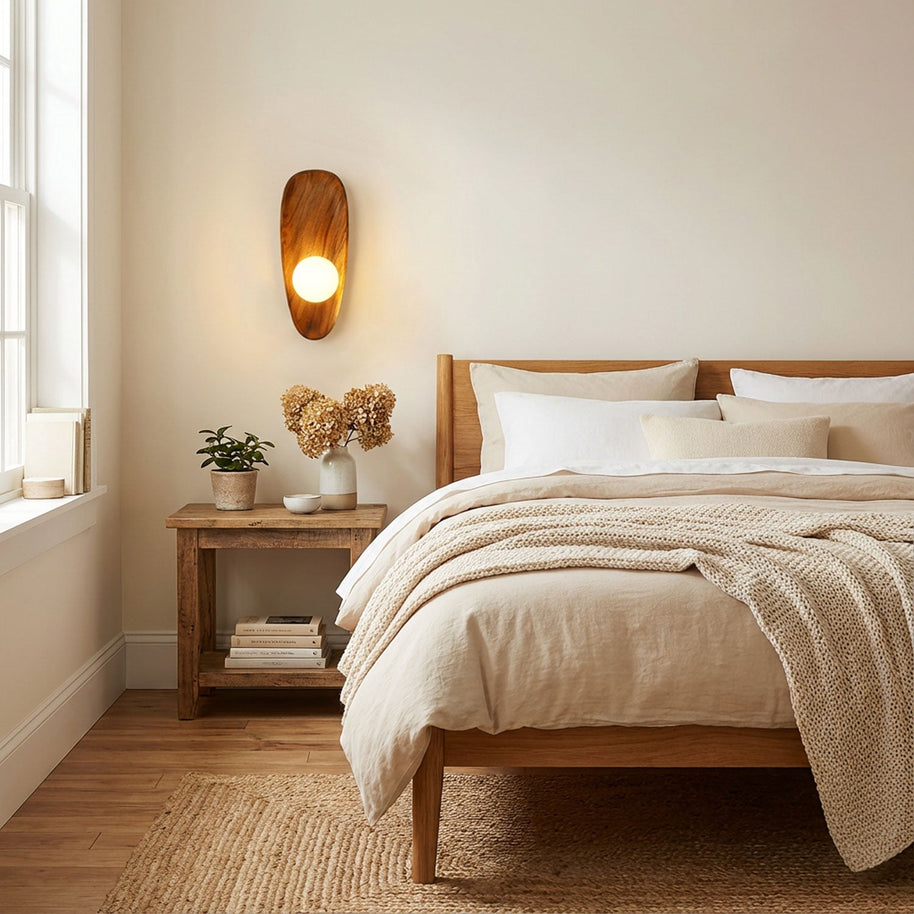 Wall lamp with a shaped walnut-coloured wooden backplate and a white glass globe lit above a bedside table beside a wooden bed.