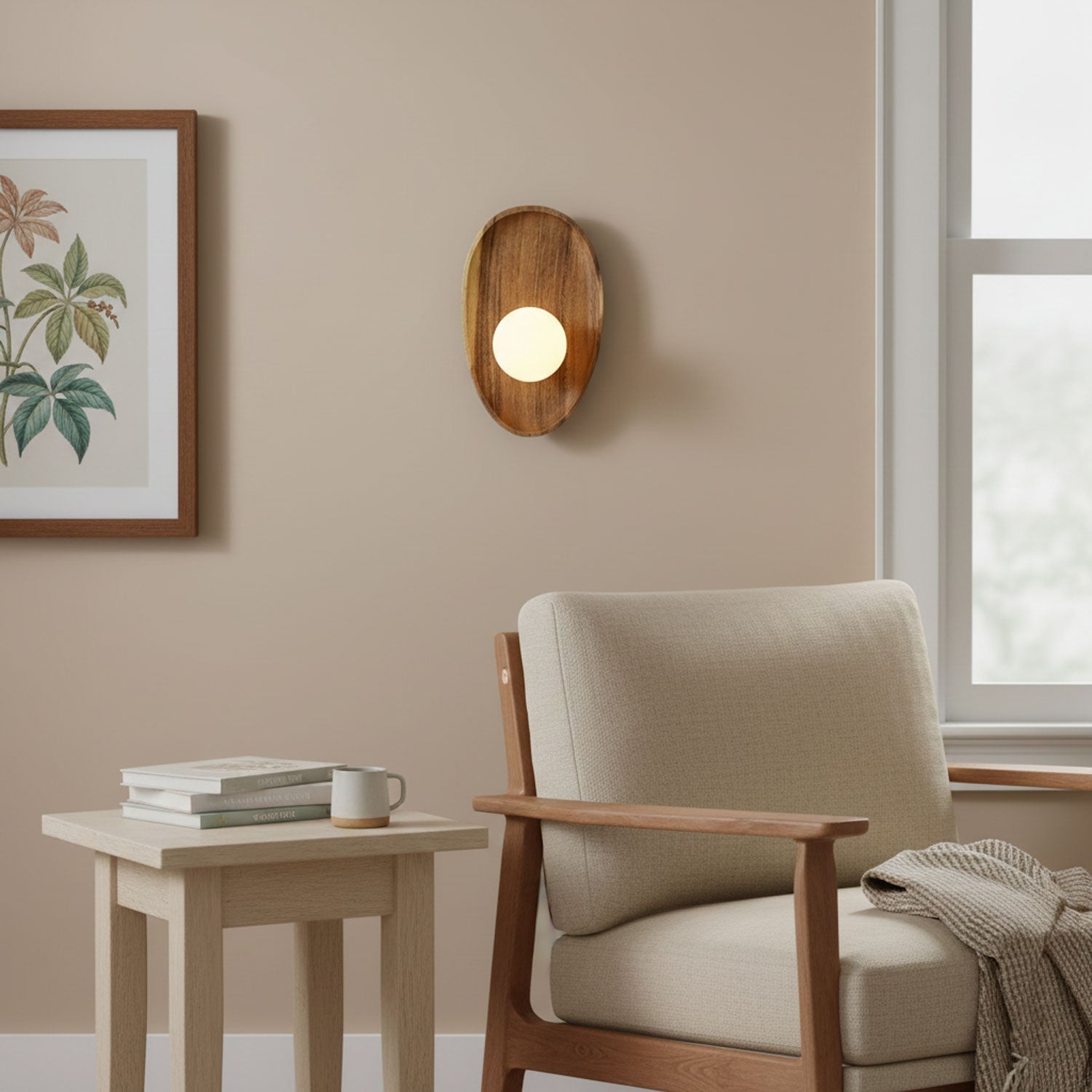 Wall lamp with a shaped walnut-coloured wooden backplate and a white glass globe lit on a wall beside a framed botanical print.