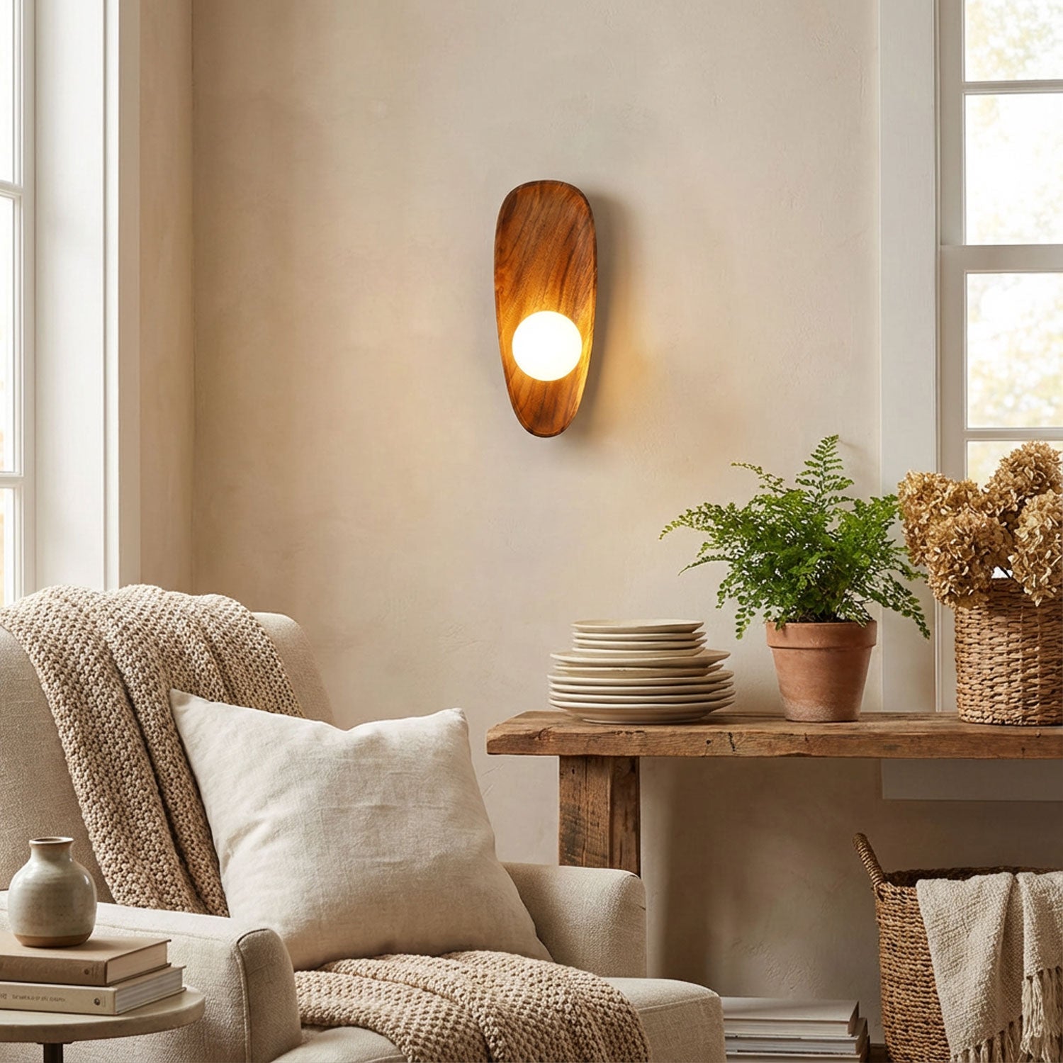 Wall lamp with a shaped walnut-coloured wooden backplate and a white glass globe lit on a plastered wall above a wooden bench.