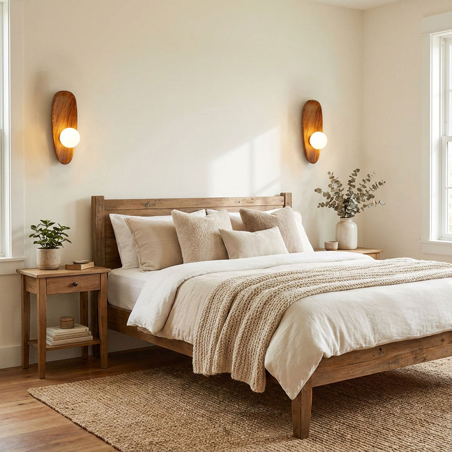 Two of the wall lamps lit either side of a wooden bed.