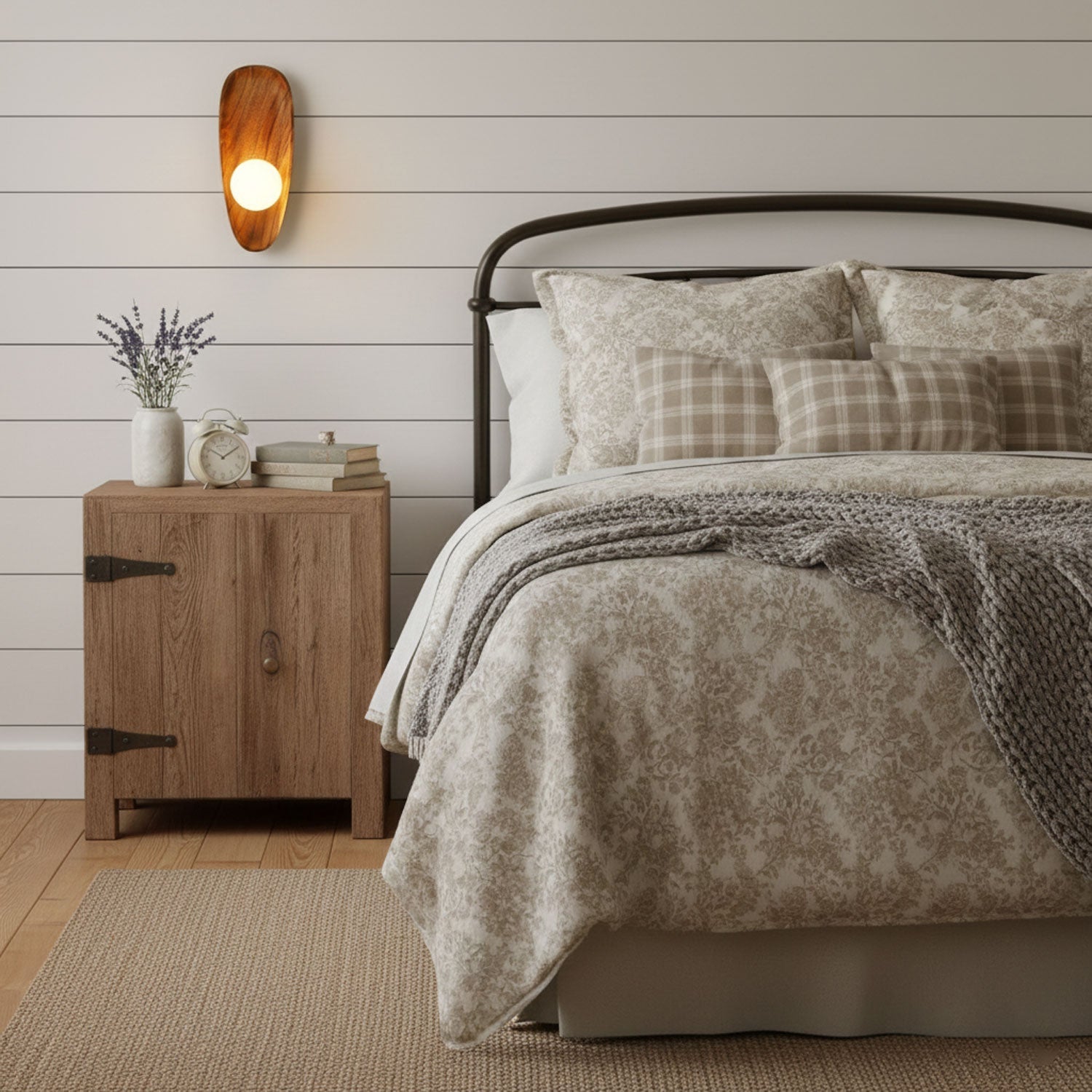 Wall lamp with a shaped walnut-coloured wooden backplate and a white glass globe lit on a white boarded wall above a bedside cabinet.