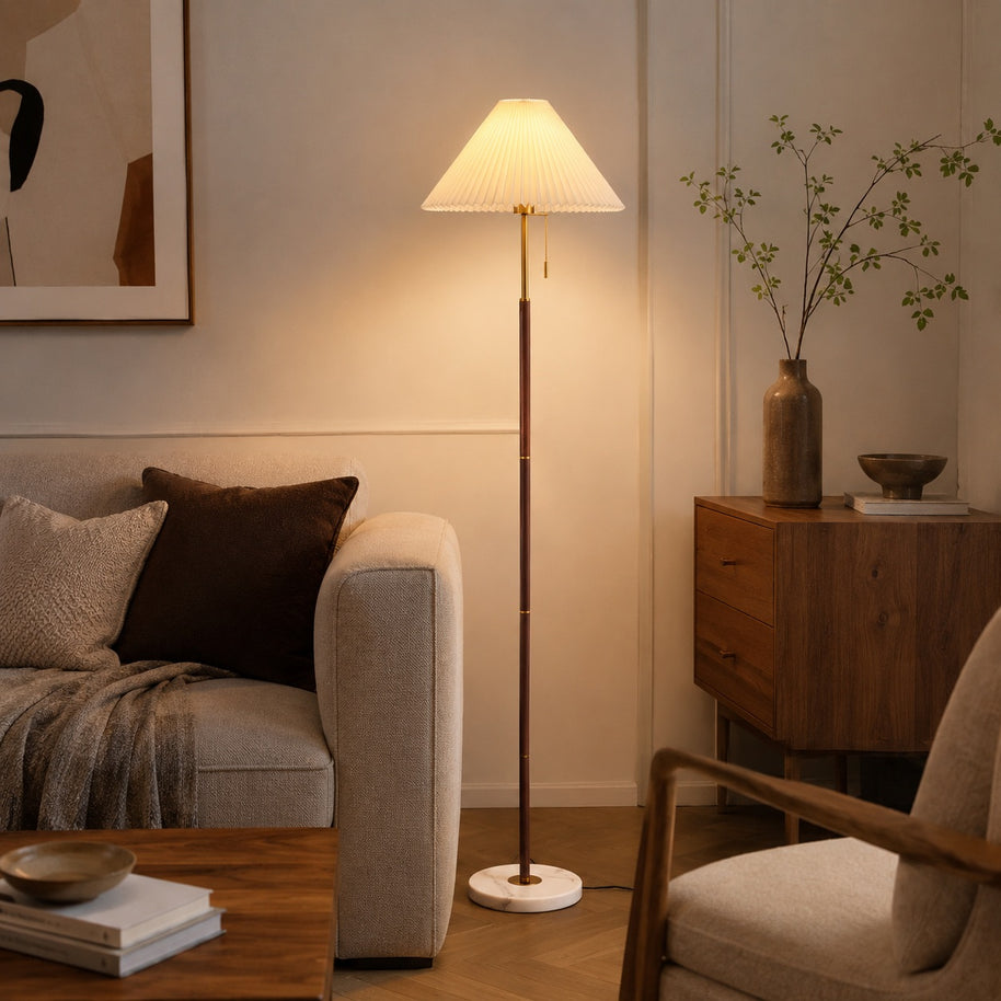 Maribel Vintage Pleated Floor Lamp - scale and placement image for Comvilo lighting