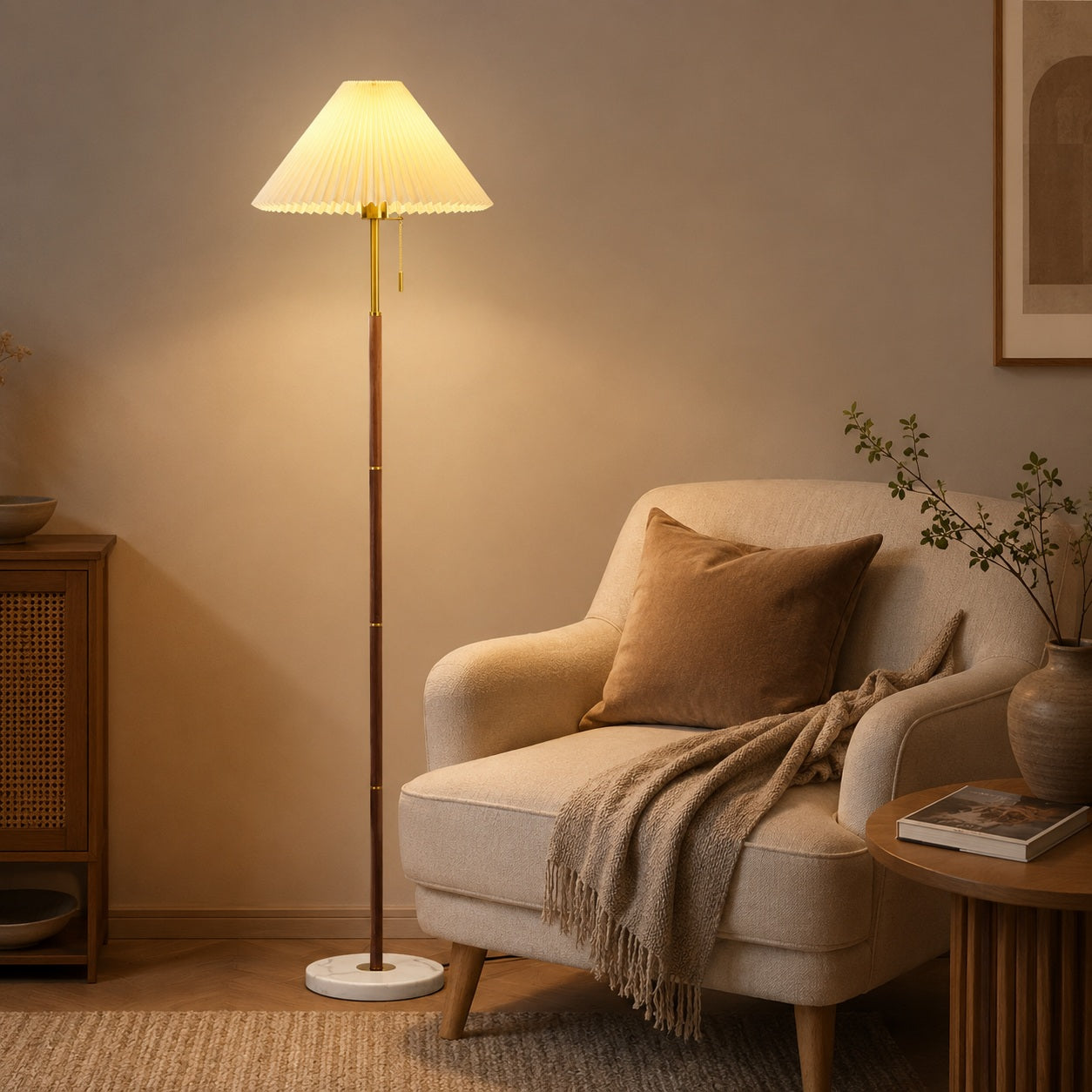 Maribel Vintage Pleated Floor Lamp - reading nook lifestyle image for Comvilo lighting