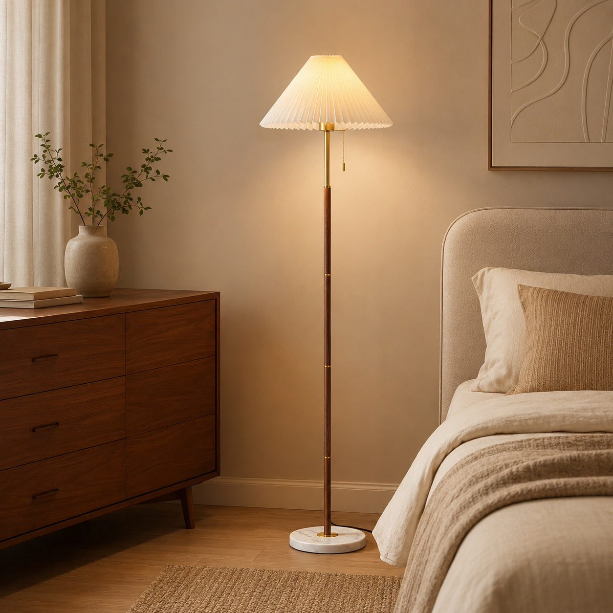 Maribel Vintage Pleated Floor Lamp - bedroom corner lifestyle image for Comvilo lighting